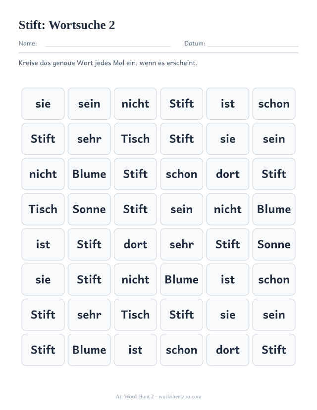 Vorschau: häufiges Wort „Stift“, Wortsuche 2