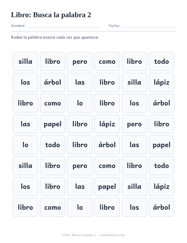 Ficha de la palabra frecuente «libro», busca la palabra 2 para imprimir