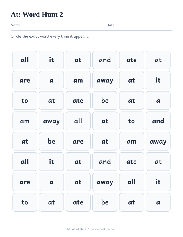 Sight word “at” worksheet, word hunt 2 printable activity