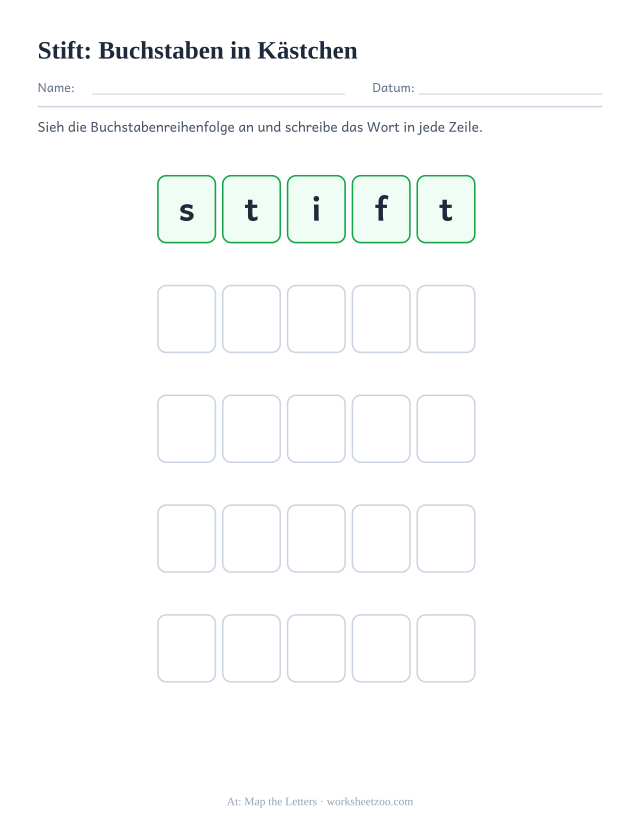Vorschau: häufiges Wort „Stift“, Buchstaben in Kästchen
