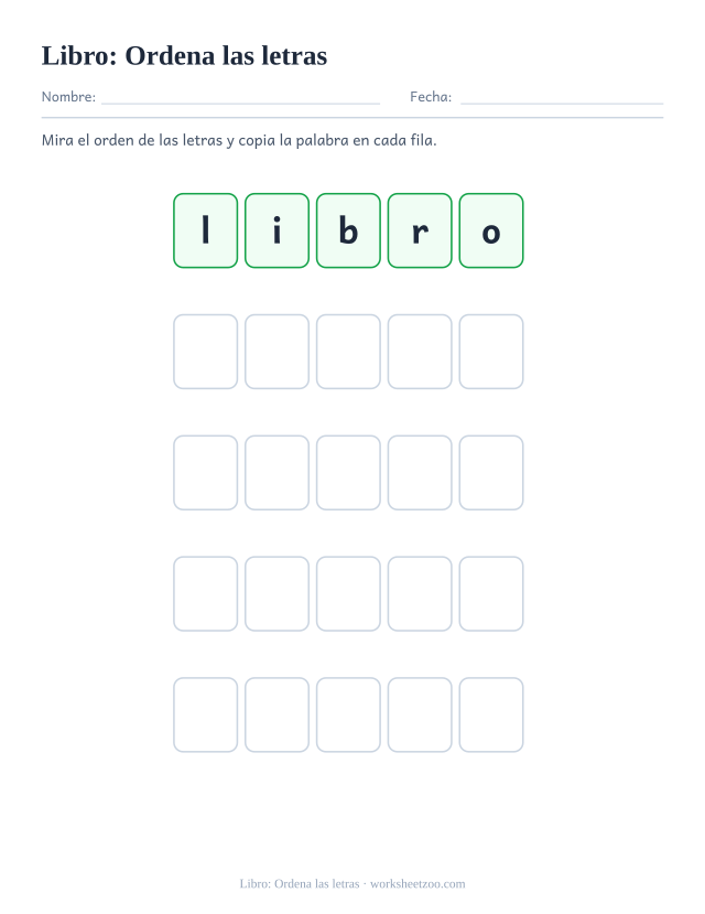 Ficha de la palabra frecuente «libro», ordena las letras para imprimir