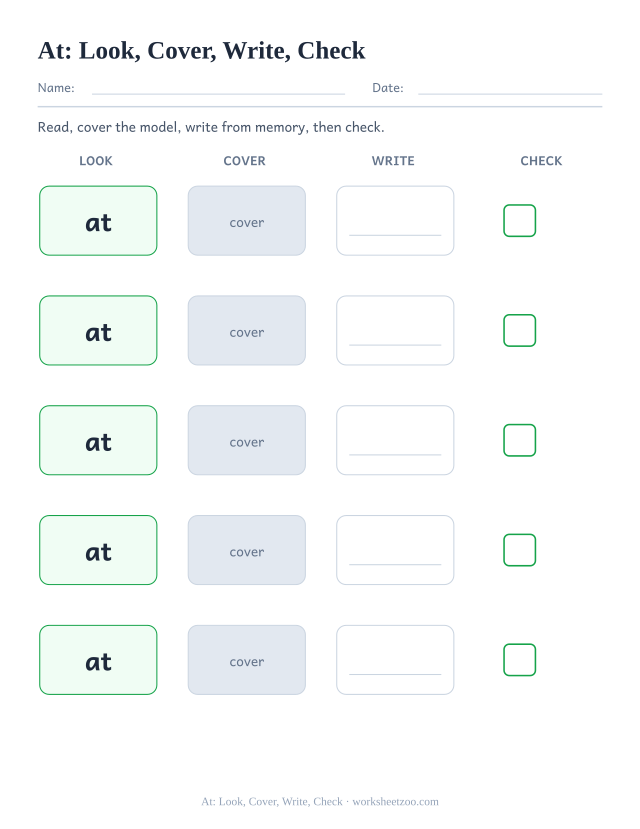 Sight word “at” worksheet, look, cover, write, check printable activity