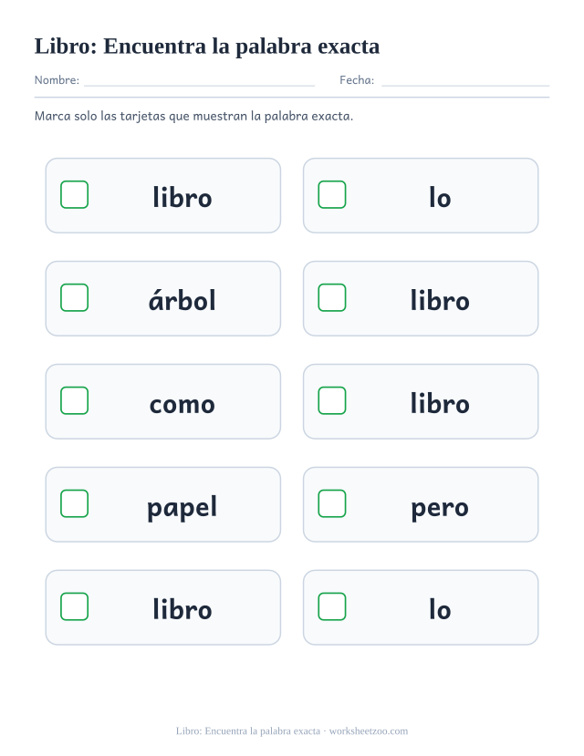 Ficha de la palabra frecuente «libro», encuentra la palabra exacta para imprimir