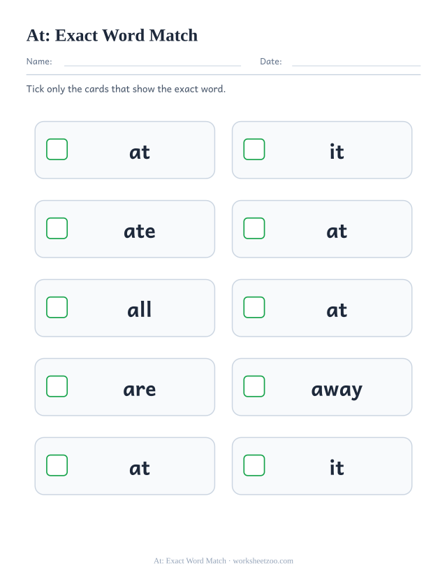 Sight word “at” worksheet, exact word match printable activity