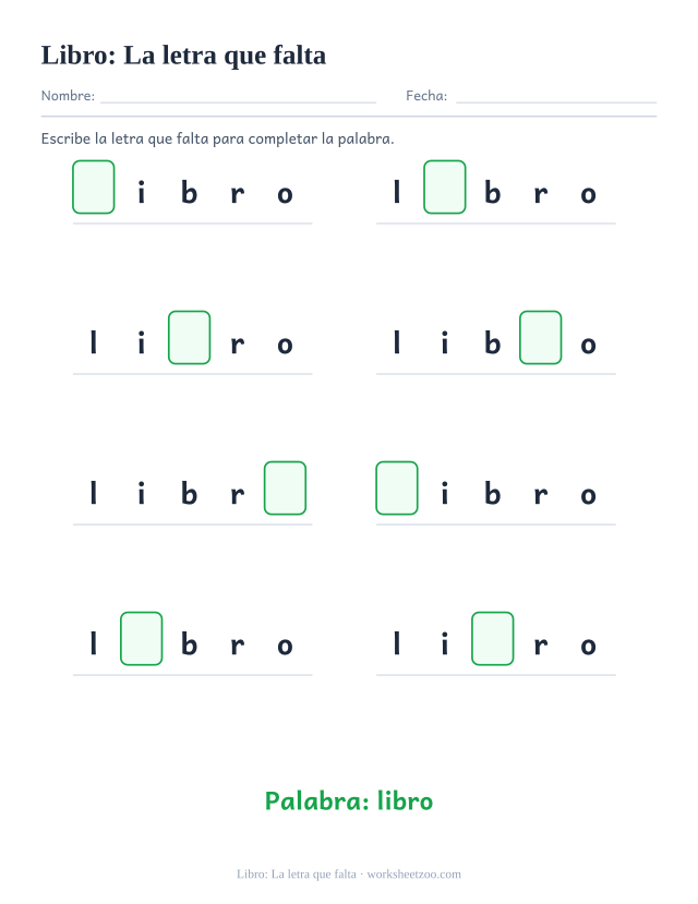 Ficha de la palabra frecuente «libro», la letra que falta para imprimir