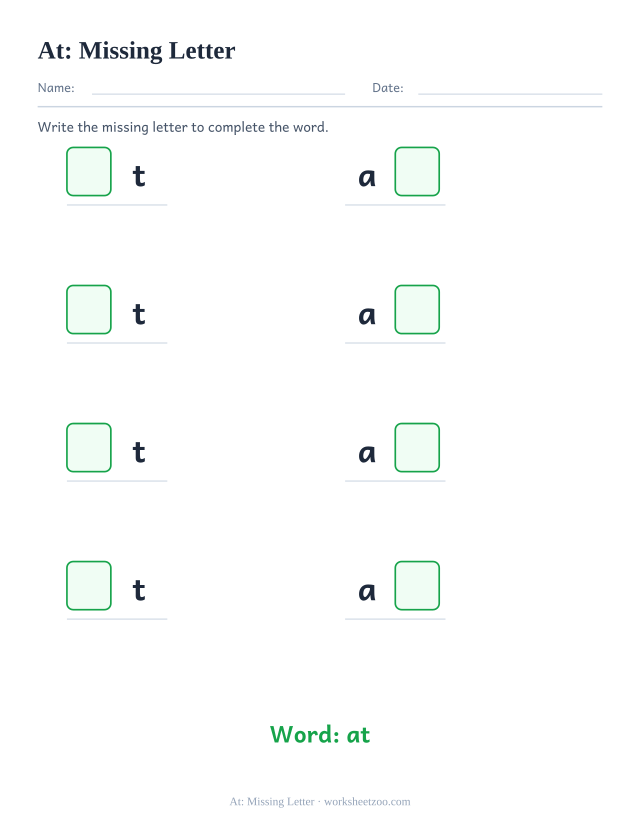 Sight word “at” worksheet, missing letter printable activity
