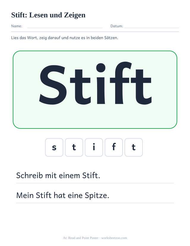 Vorschau: häufiges Wort „Stift“, Lesen und Zeigen