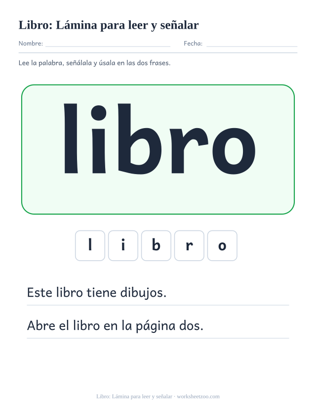 Ficha de la palabra frecuente «libro», lámina para leer y señalar para imprimir