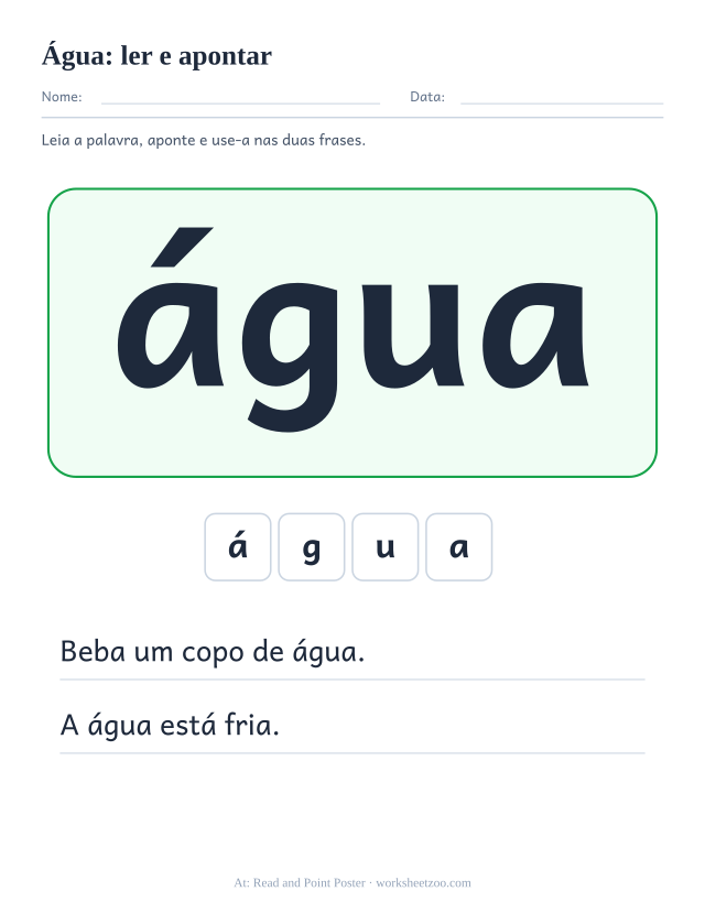 Prévia da palavra frequente “água”, ler e apontar