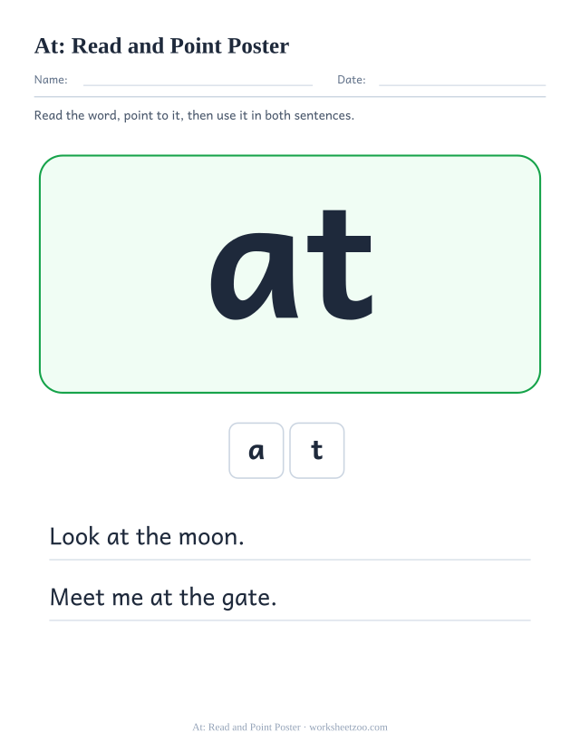 Sight word “at” worksheet, read and point poster printable activity