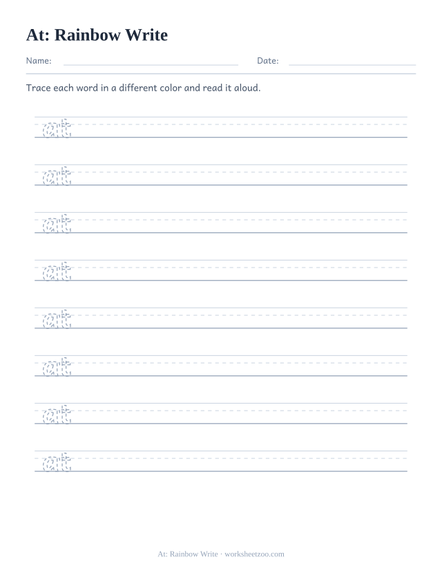 Sight word “at” worksheet, rainbow write printable activity