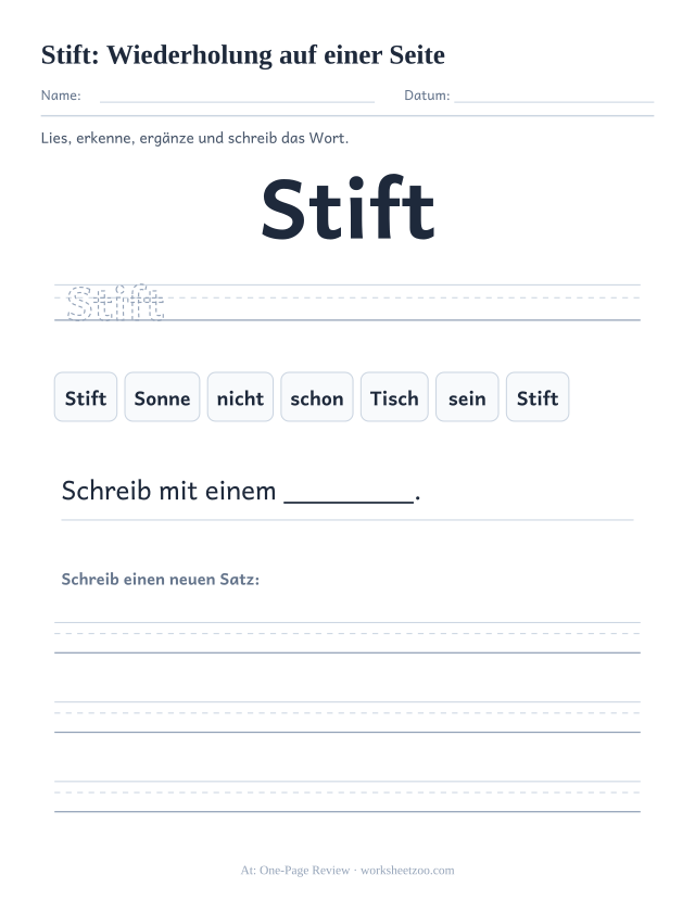 Vorschau: häufiges Wort „Stift“, Wiederholung auf einer Seite