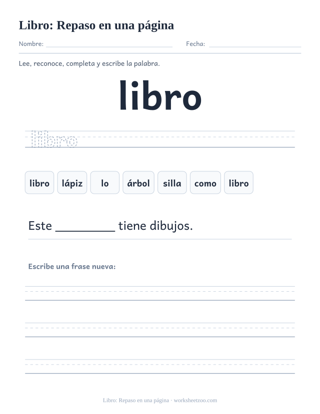 Ficha de la palabra frecuente «libro», repaso en una página para imprimir