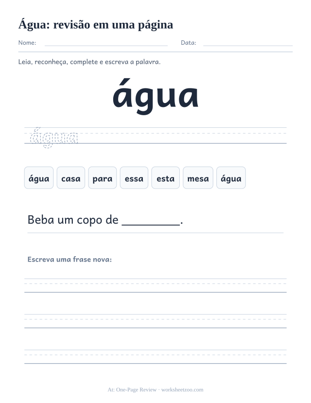 Prévia da palavra frequente “água”, revisão em uma página