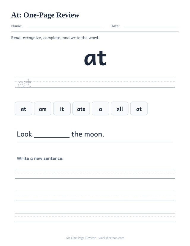 Sight word “at” worksheet, one-page review printable activity
