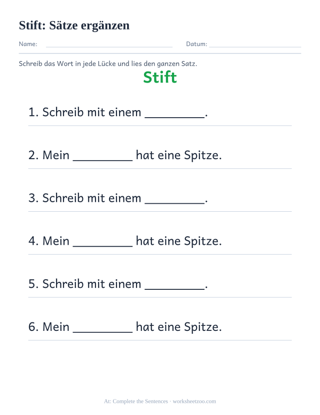 Vorschau: häufiges Wort „Stift“, Sätze ergänzen