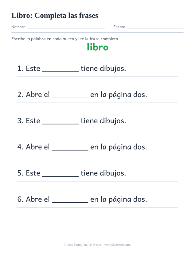 Ficha de la palabra frecuente «libro», completa las frases para imprimir