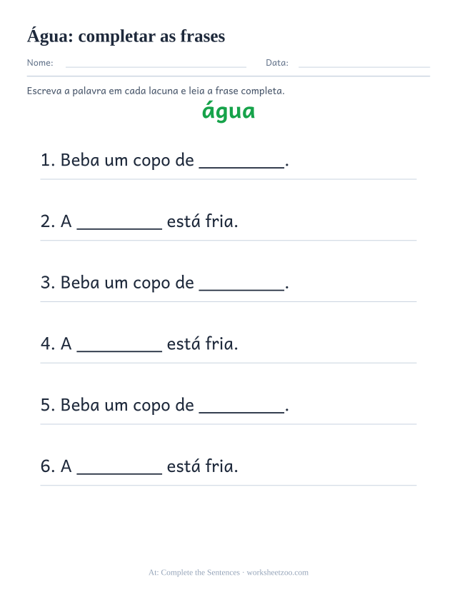 Prévia da palavra frequente “água”, completar as frases