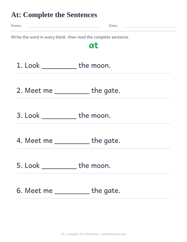 Sight word “at” worksheet, complete the sentences printable activity