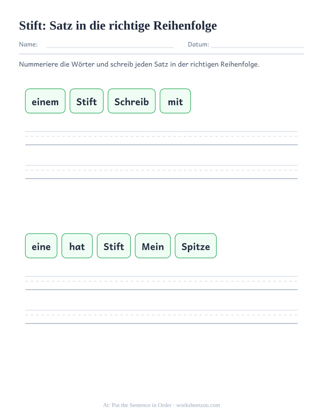 Vorschau: häufiges Wort „Stift“, Satz in die richtige Reihenfolge