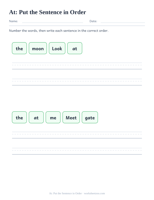 Sight word “at” worksheet, put the sentence in order printable activity