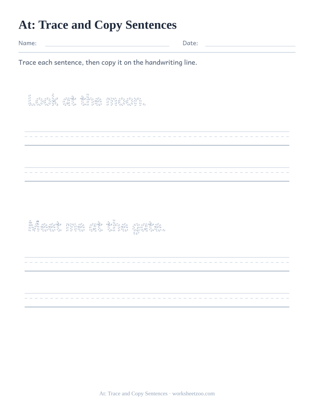 Sight word “at” worksheet, trace and copy sentences printable activity