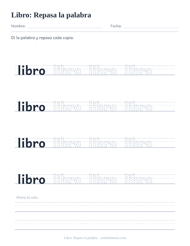 Ficha de la palabra frecuente «libro», repasa la palabra para imprimir