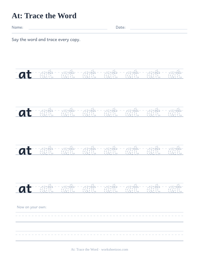 Sight word “at” worksheet, trace the word printable activity