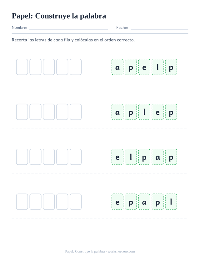 Ficha de la palabra frecuente «papel», construye la palabra para imprimir