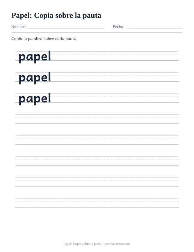 Ficha de la palabra frecuente «papel», copia sobre la pauta para imprimir