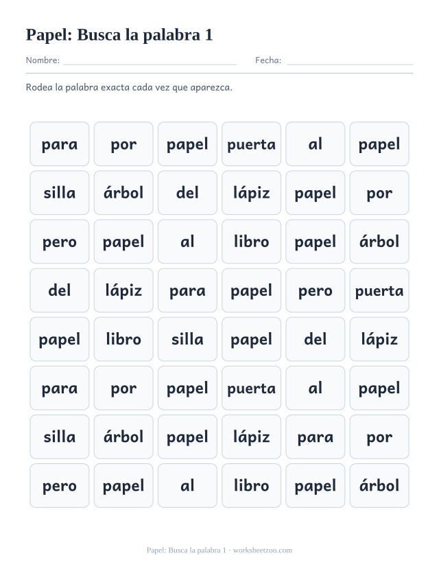 Ficha de la palabra frecuente «papel», busca la palabra 1 para imprimir