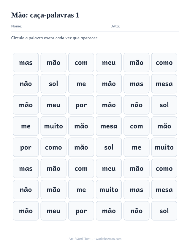Prévia da palavra frequente “mão”, caça-palavras 1