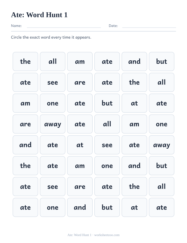 Sight word “ate” worksheet, word hunt 1 printable activity