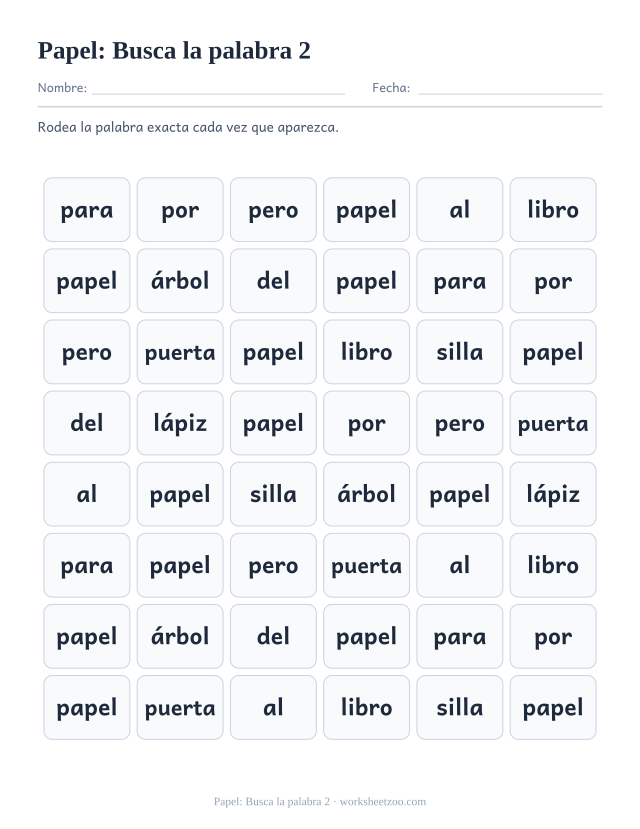 Ficha de la palabra frecuente «papel», busca la palabra 2 para imprimir