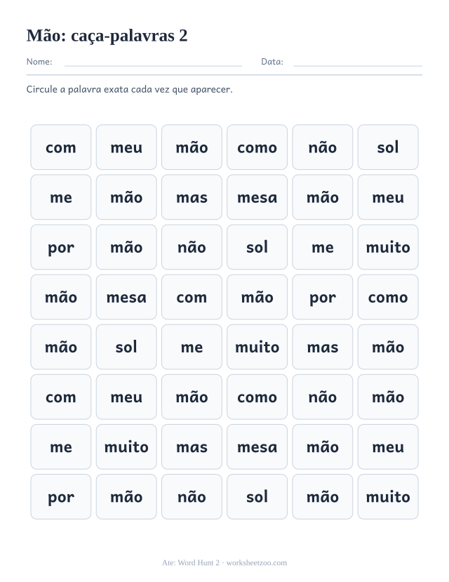 Prévia da palavra frequente “mão”, caça-palavras 2