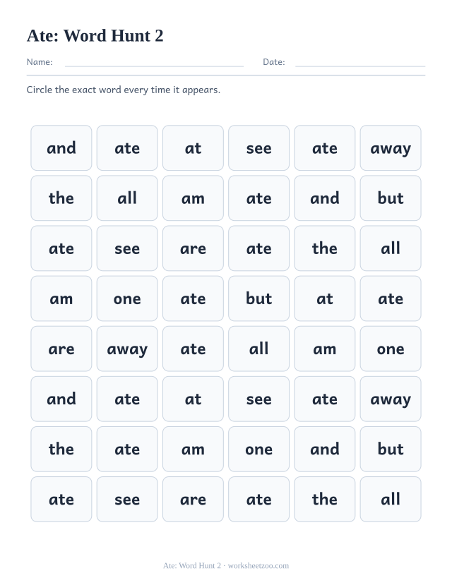 Sight word “ate” worksheet, word hunt 2 printable activity