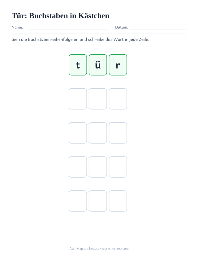 Vorschau: häufiges Wort „Tür“, Buchstaben in Kästchen