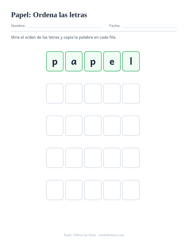 Ficha de la palabra frecuente «papel», ordena las letras para imprimir