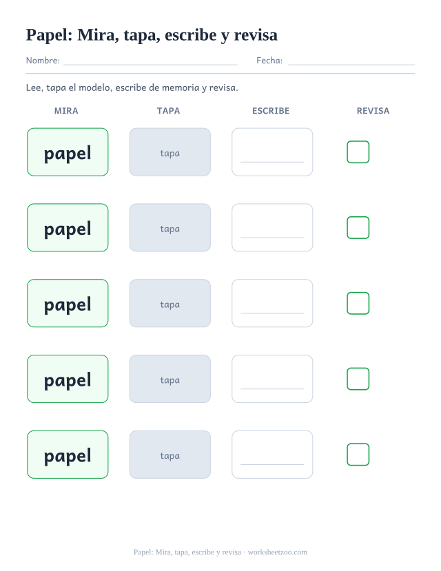 Ficha de la palabra frecuente «papel», mira, tapa, escribe y revisa para imprimir