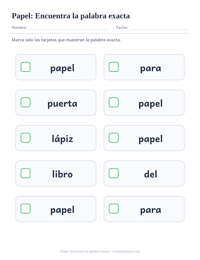 Ficha de la palabra frecuente «papel», encuentra la palabra exacta para imprimir