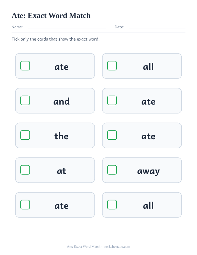 Sight word “ate” worksheet, exact word match printable activity