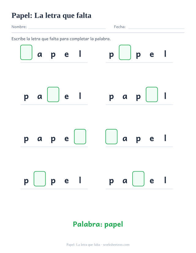 Ficha de la palabra frecuente «papel», la letra que falta para imprimir