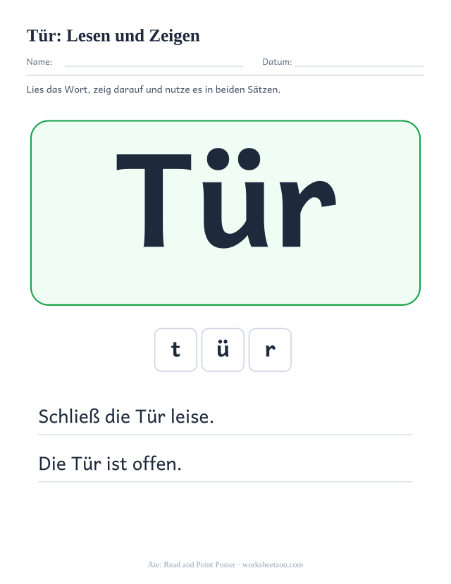 Vorschau: häufiges Wort „Tür“, Lesen und Zeigen