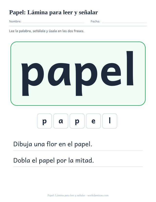 Ficha de la palabra frecuente «papel», lámina para leer y señalar para imprimir