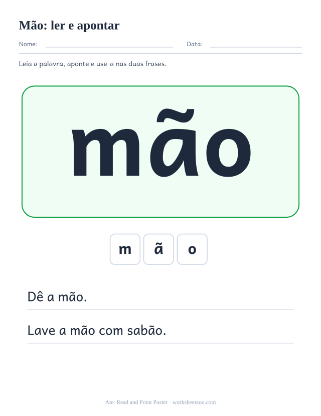 Prévia da palavra frequente “mão”, ler e apontar