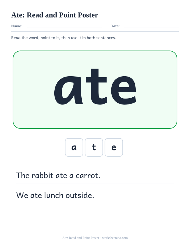 Sight word “ate” worksheet, read and point poster printable activity