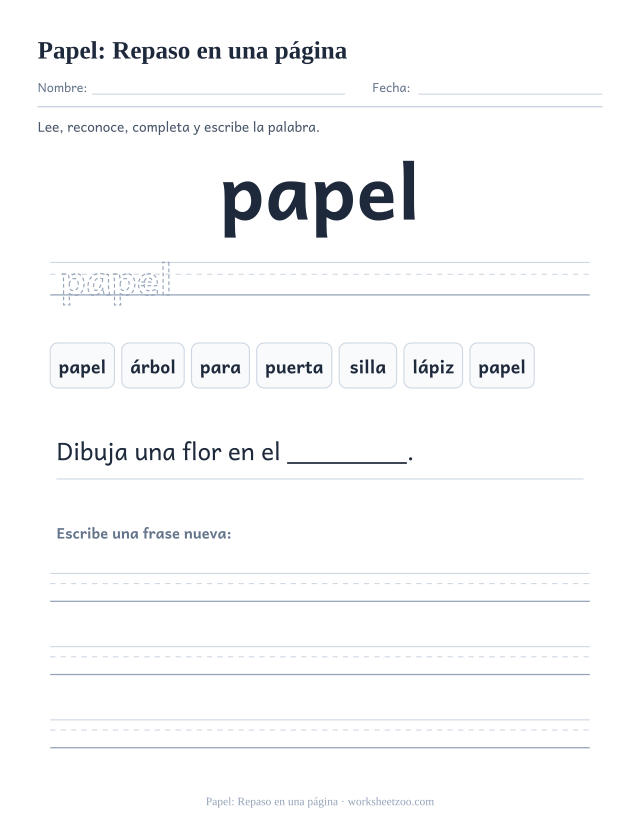 Ficha de la palabra frecuente «papel», repaso en una página para imprimir