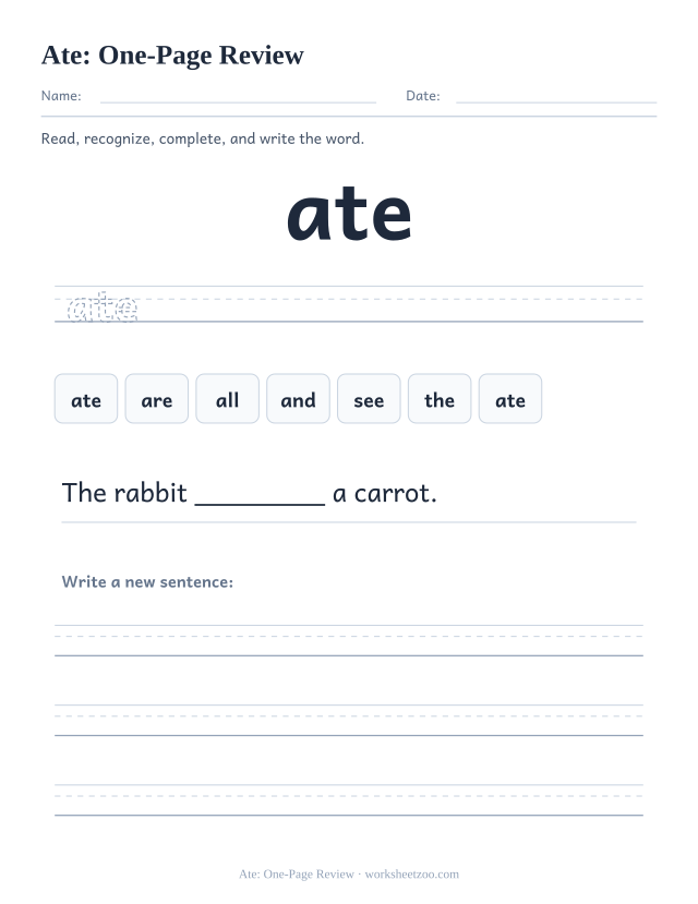 Sight word “ate” worksheet, one-page review printable activity