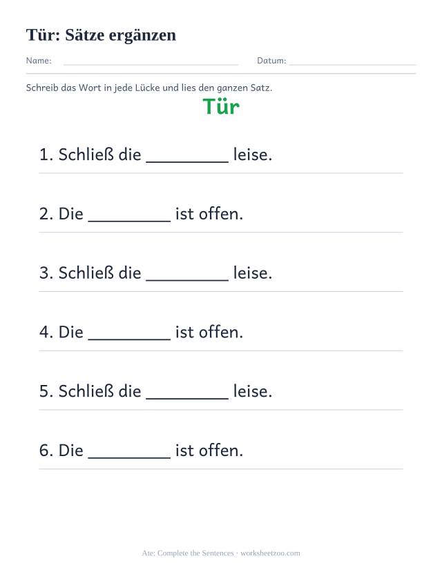Vorschau: häufiges Wort „Tür“, Sätze ergänzen