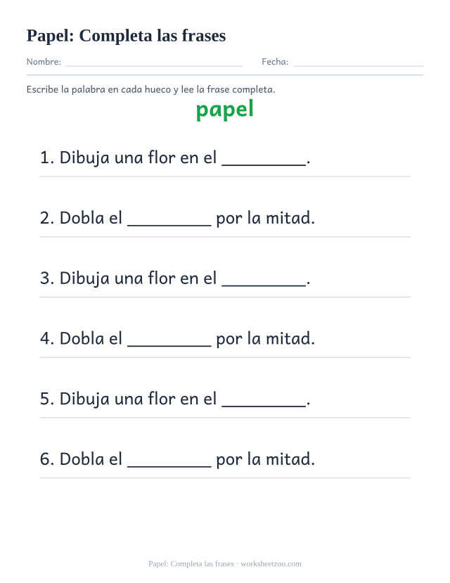 Ficha de la palabra frecuente «papel», completa las frases para imprimir